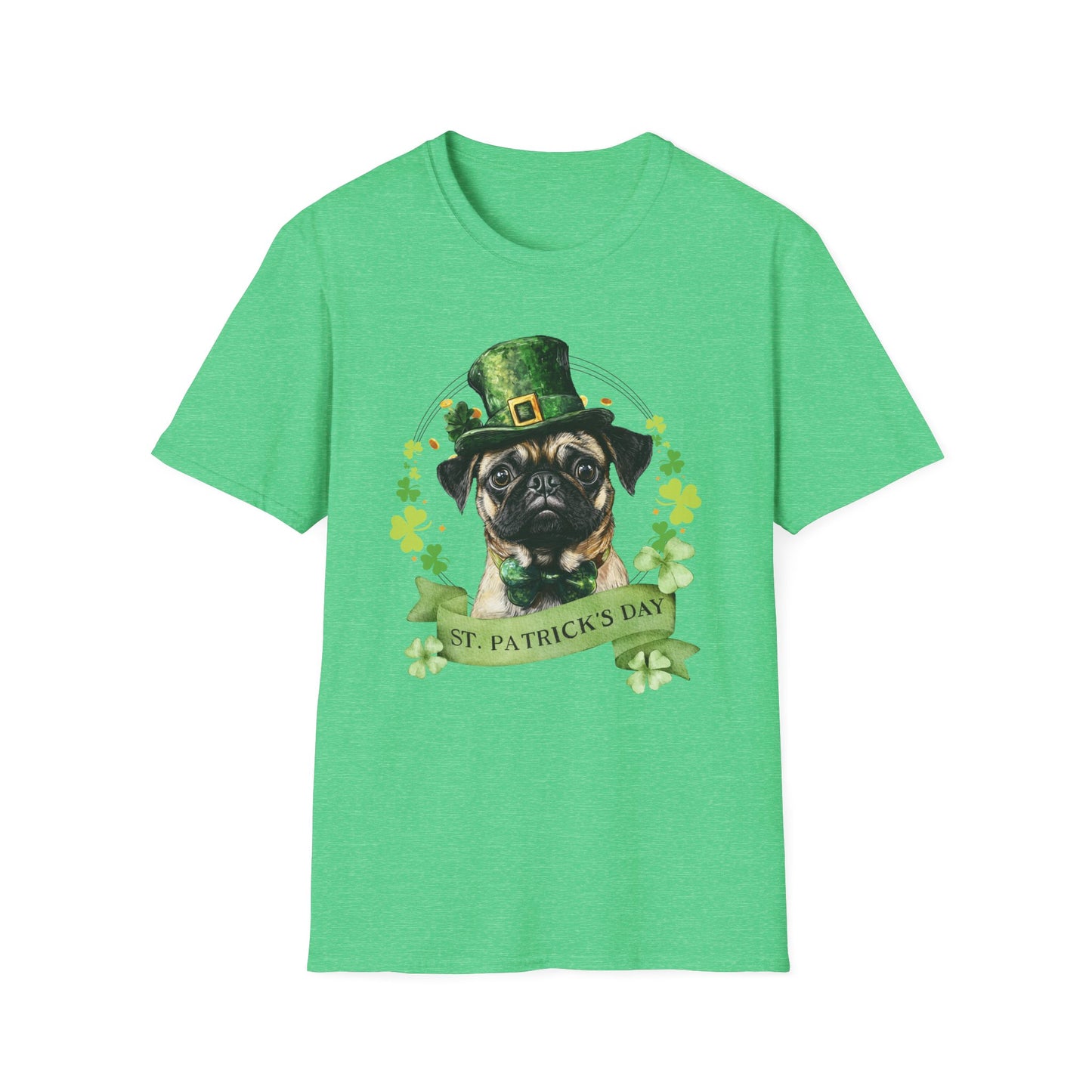 St. Patrick’s Day heather kelly green t-shirt featuring a pug dog with a shamrock garland and festive Irish design