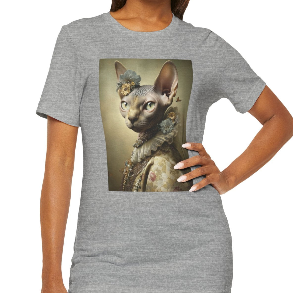 Woman wearing a gray t-shirt with a cat graphic on a white background