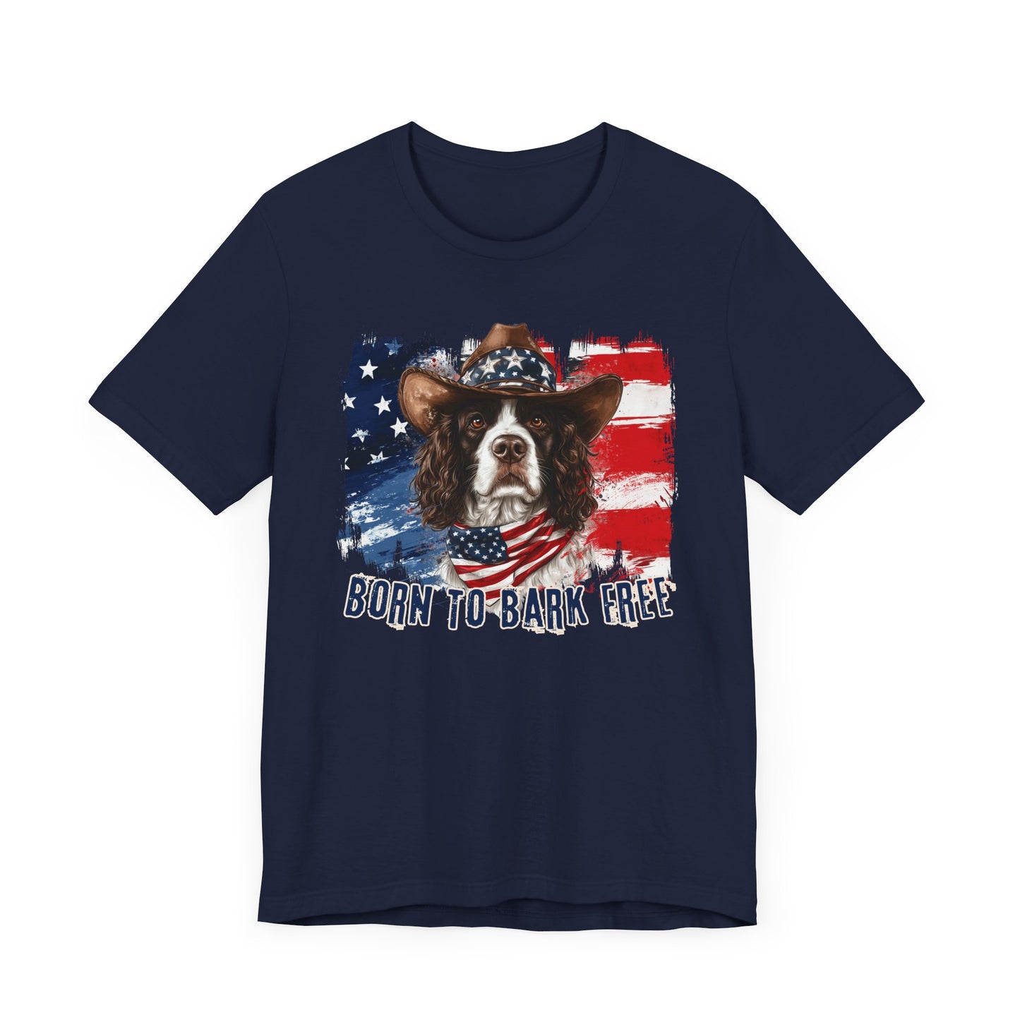 English Springer Spaniel Patriotic T-Shirt "Born to Bark Free" - Dog-Themed Patriotic Design