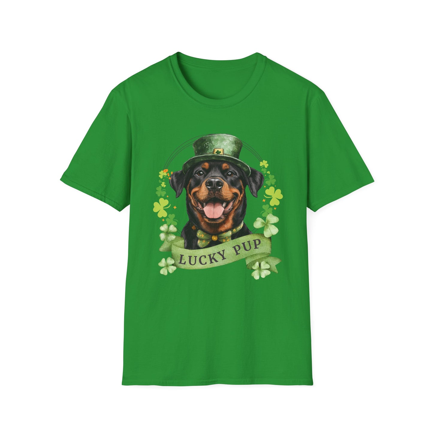St. Patrick’s Day irish green t-shirt gift for dog lovers featuring a Rottweiler dog with a shamrock garland and festive Irish design