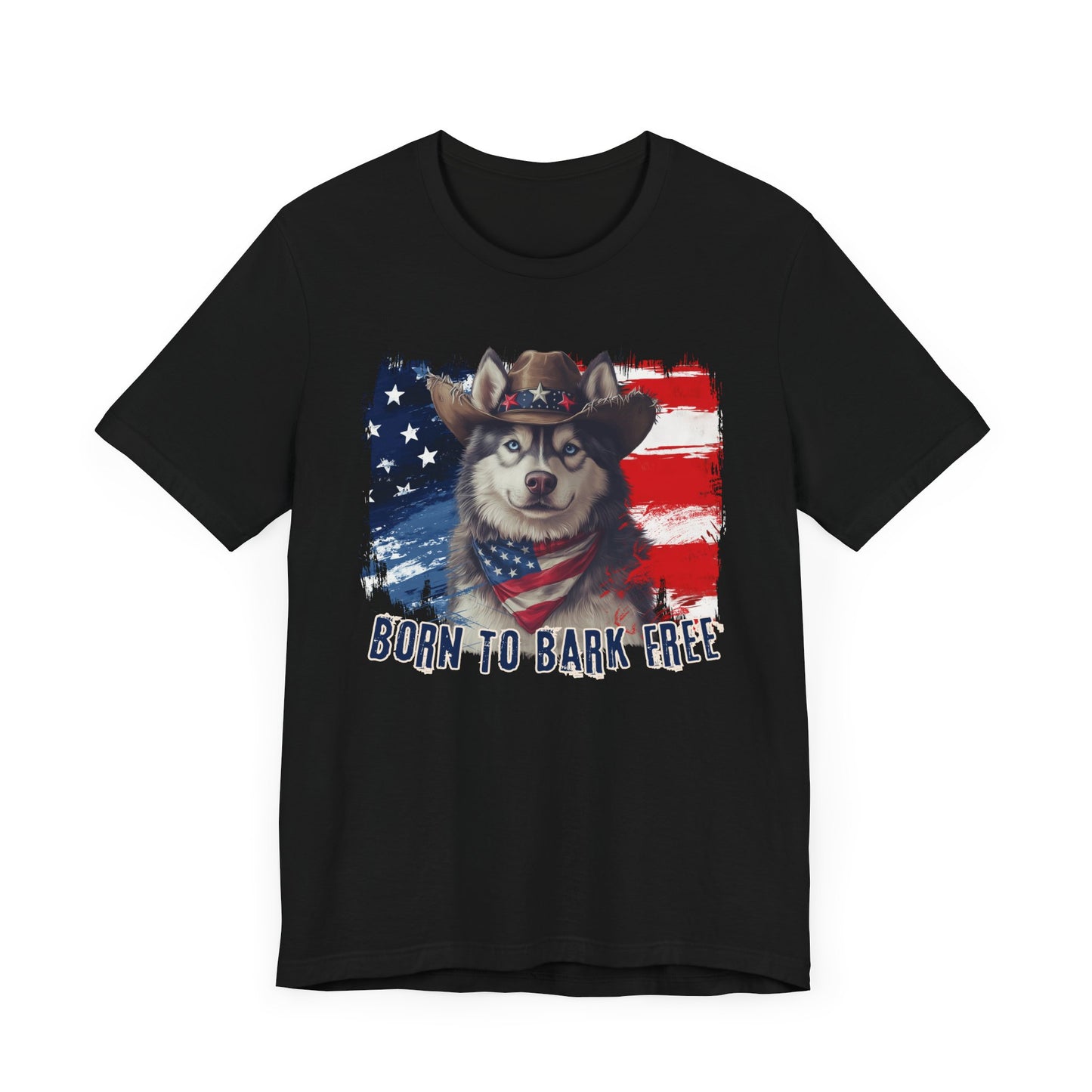 Siberian Husky Patriotic T-Shirt "Born to Bark Free" - Dog-Themed Patriotic Design