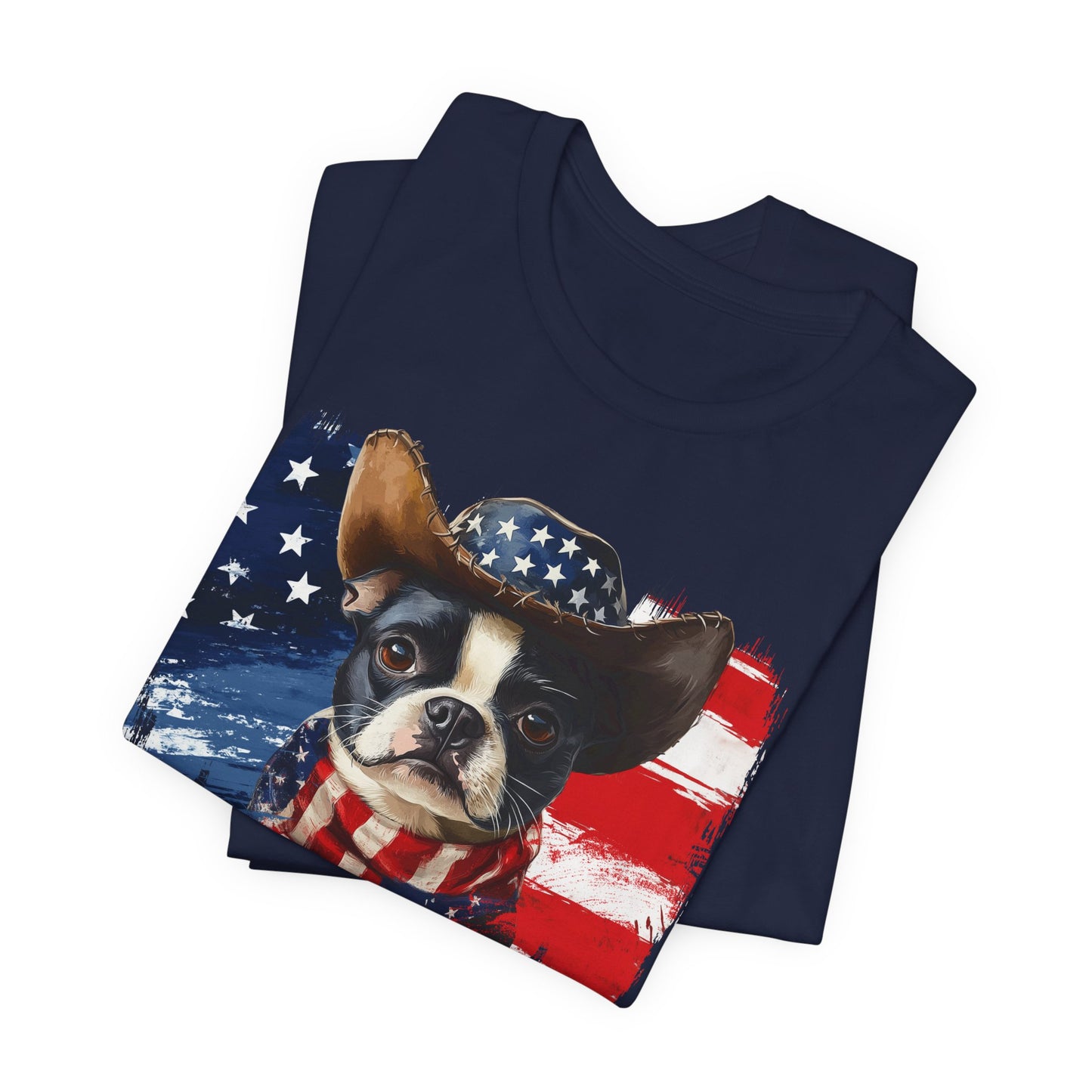 Boston Terrier Patriotic T-Shirt "Born to Bark Free" - Dog-Themed Patriotic Design