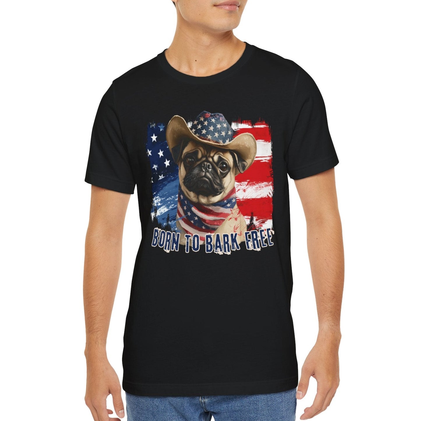 pug american flag patriotic t-shirt, black