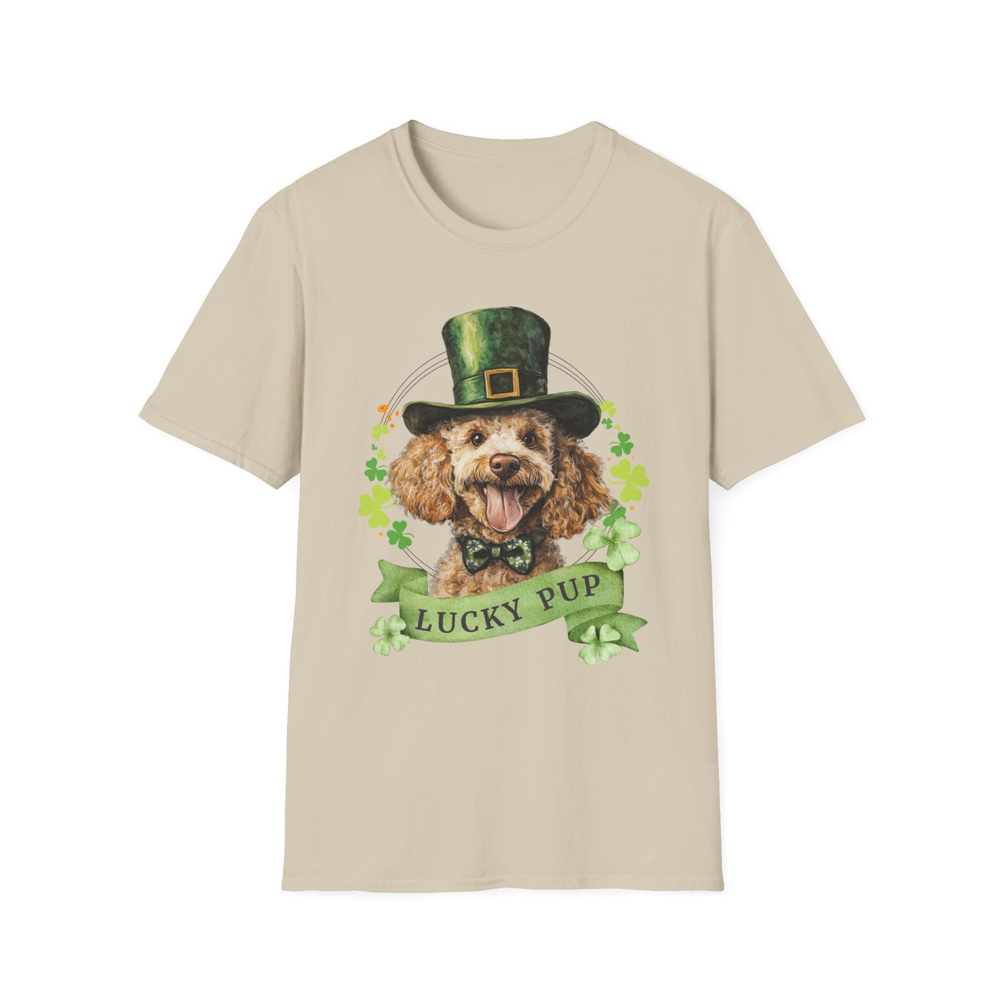 St. Patrick’s Day sand t-shirt featuring a Poodle dog with a shamrock garland and festive Irish design