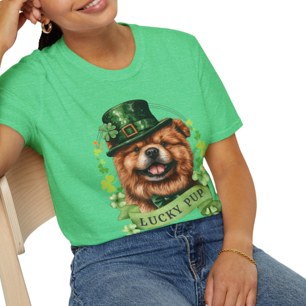 Woman in a St. Patrick’s Day heather kelly green t-shirt gift for dog lovers featuring a Chow Chow dog with a shamrock garland and festive Irish design