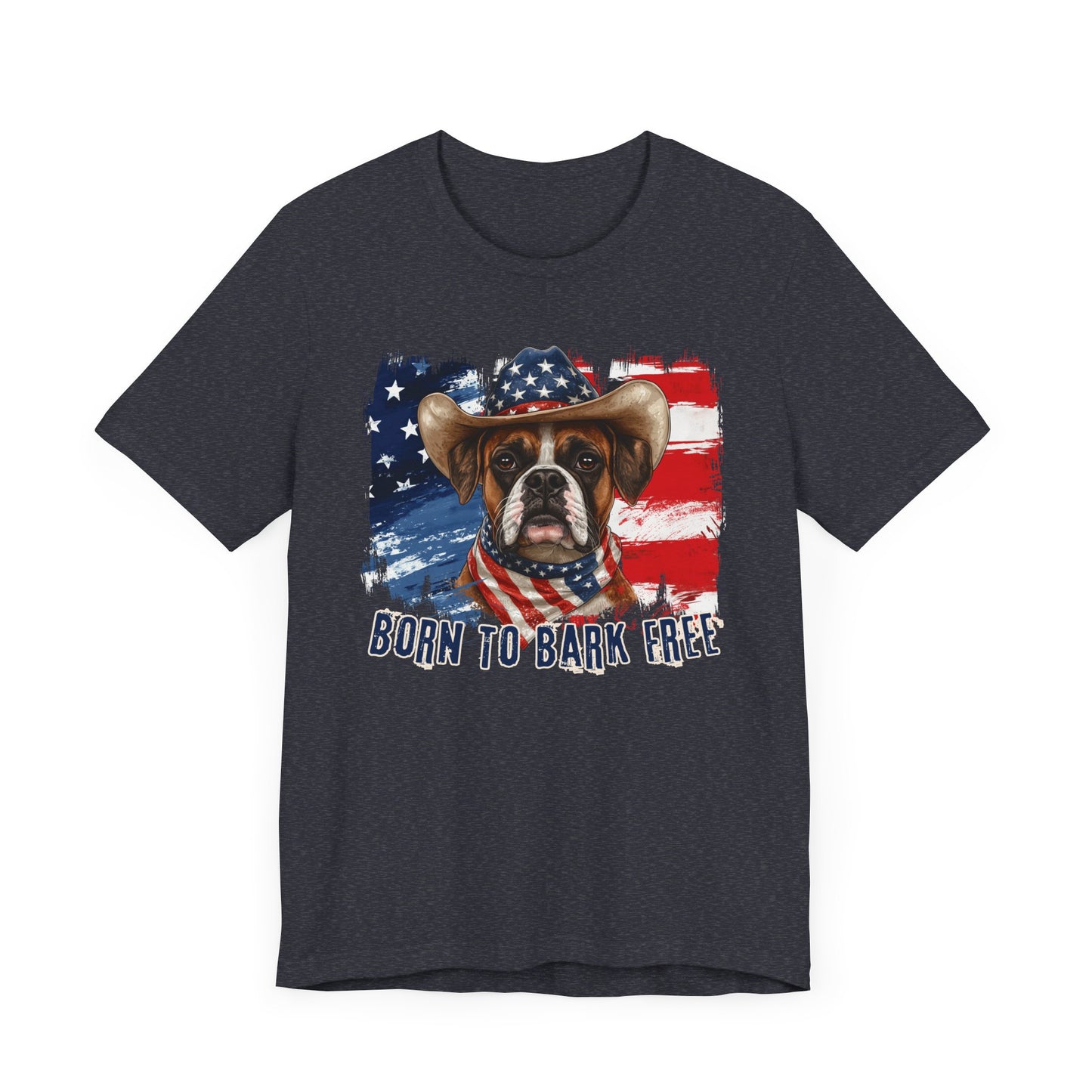 Boxer Patriotic T-Shirt "Born to Bark Free" - Dog-Themed Patriotic Design