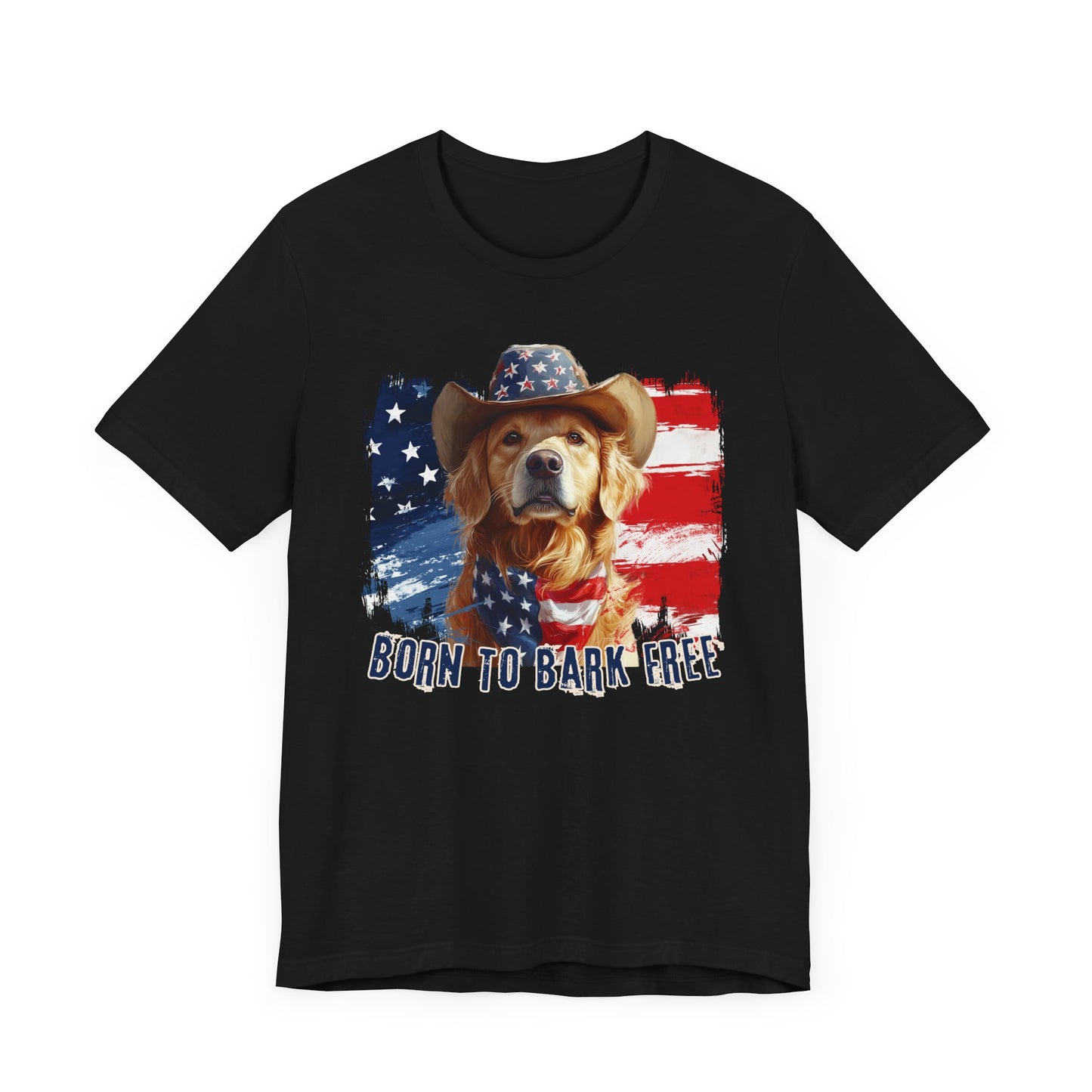 Golden Retriever Patriotic T-Shirt "Born to Bark Free" - Dog-Themed Patriotic Design