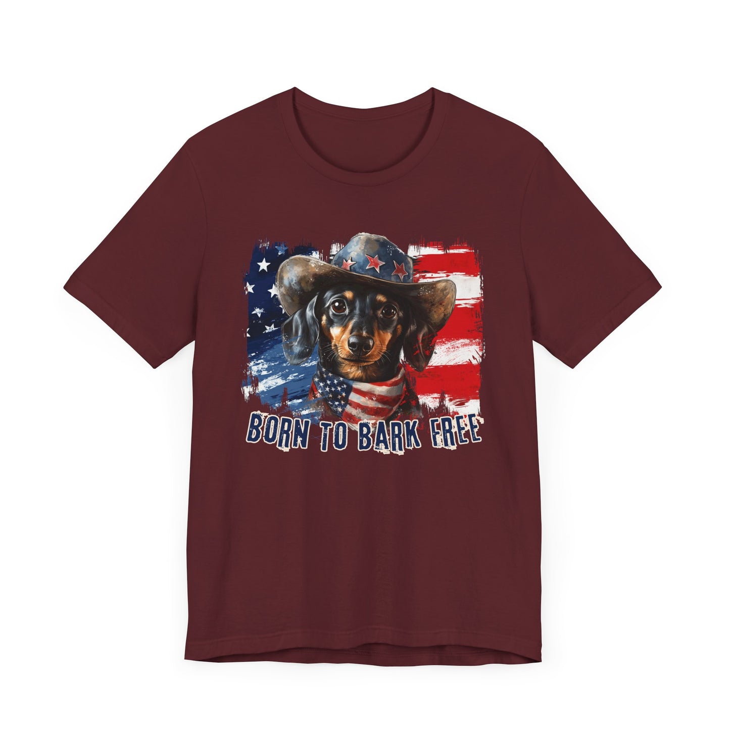 Dachshund Patriotic T-Shirt "Born to Bark Free" - Dog-Themed Patriotic Design