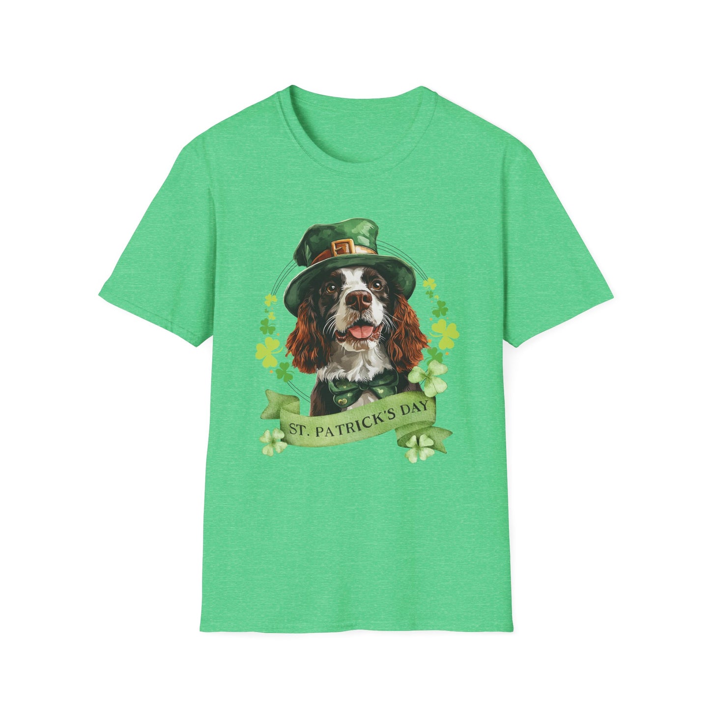 St. Patrick’s Day t-shirt featuring an English springer spaniel dog with a shamrock garland and festive Irish design
