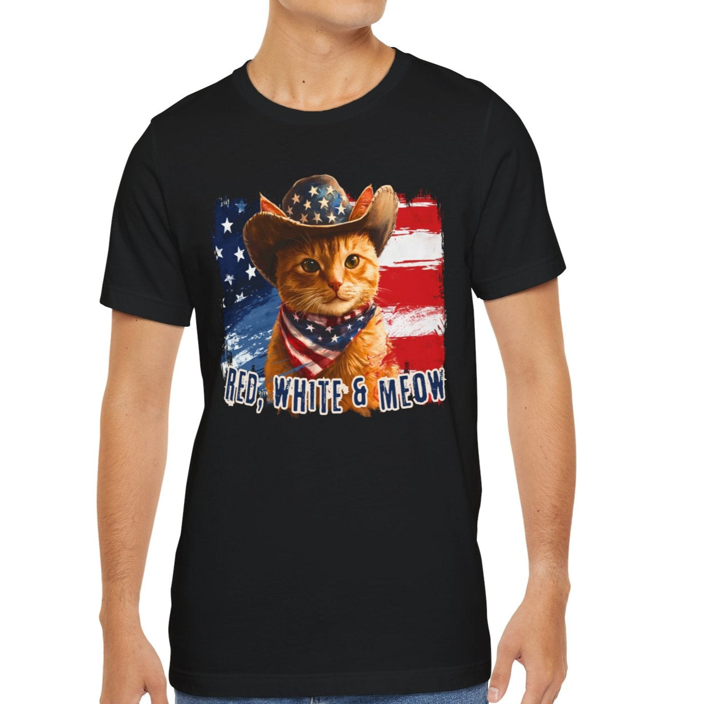 Ginger Cat Patriotic T-Shirt "Red, White & Meow" - Cat-Themed Patriotic Design