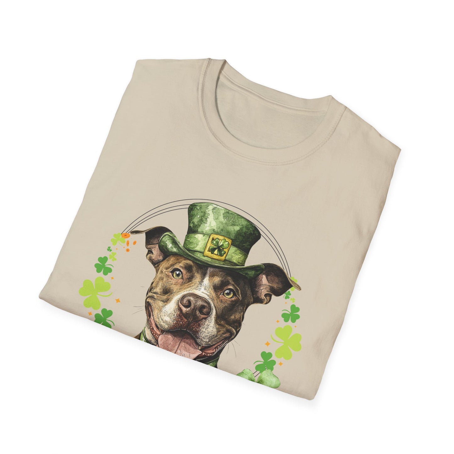 Folded sand cotton St. Patrick’s Day tee for dog moms and dads, featuring a Pit Bull dog design