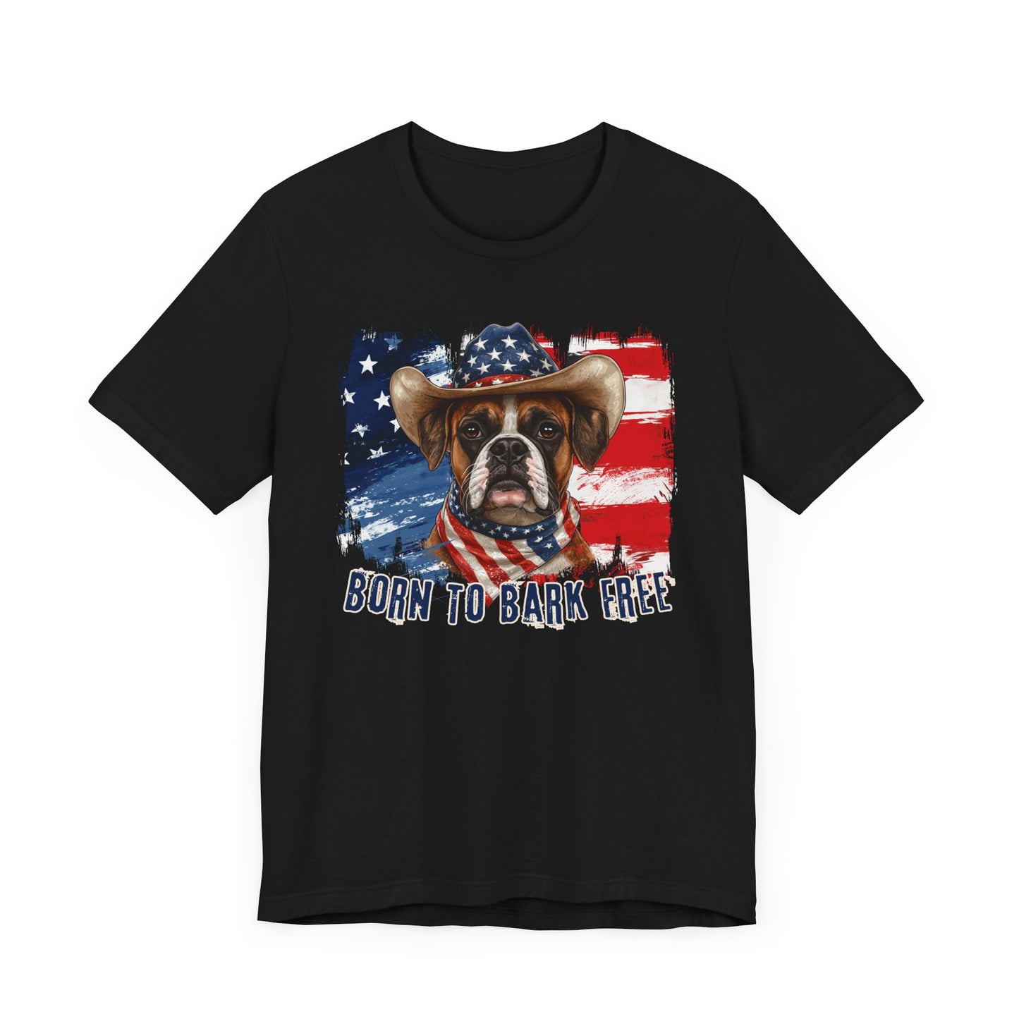 Boxer Patriotic T-Shirt "Born to Bark Free" - Dog-Themed Patriotic Design