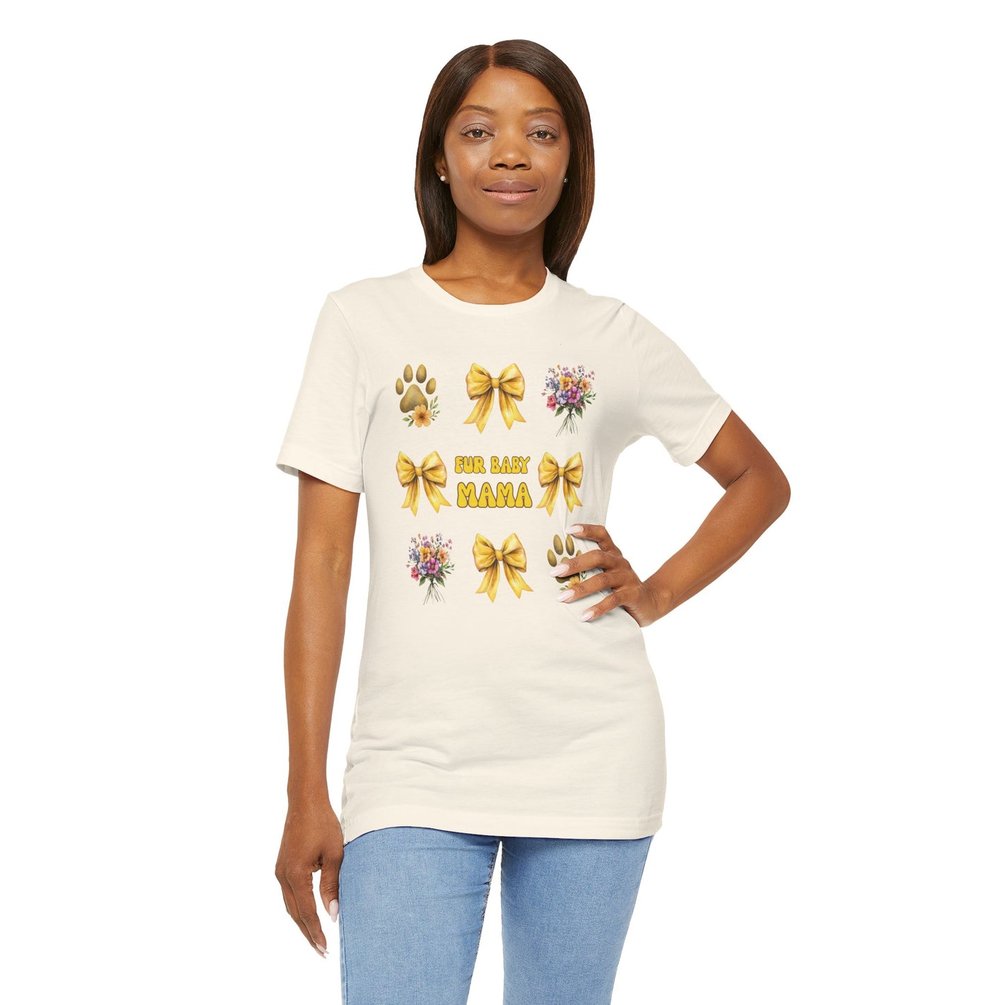 Fur Baby Mama T-Shirt – Soft Cotton Tee with Yellow Bows – Gift for Pet Moms
