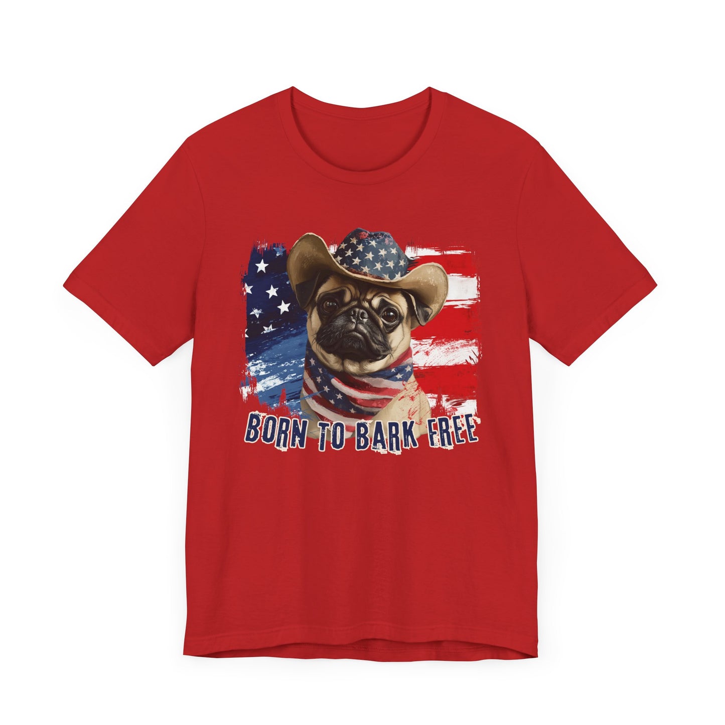 Pug Patriotic T-Shirt "Born to Bark Free" - Dog-Themed Patriotic Design