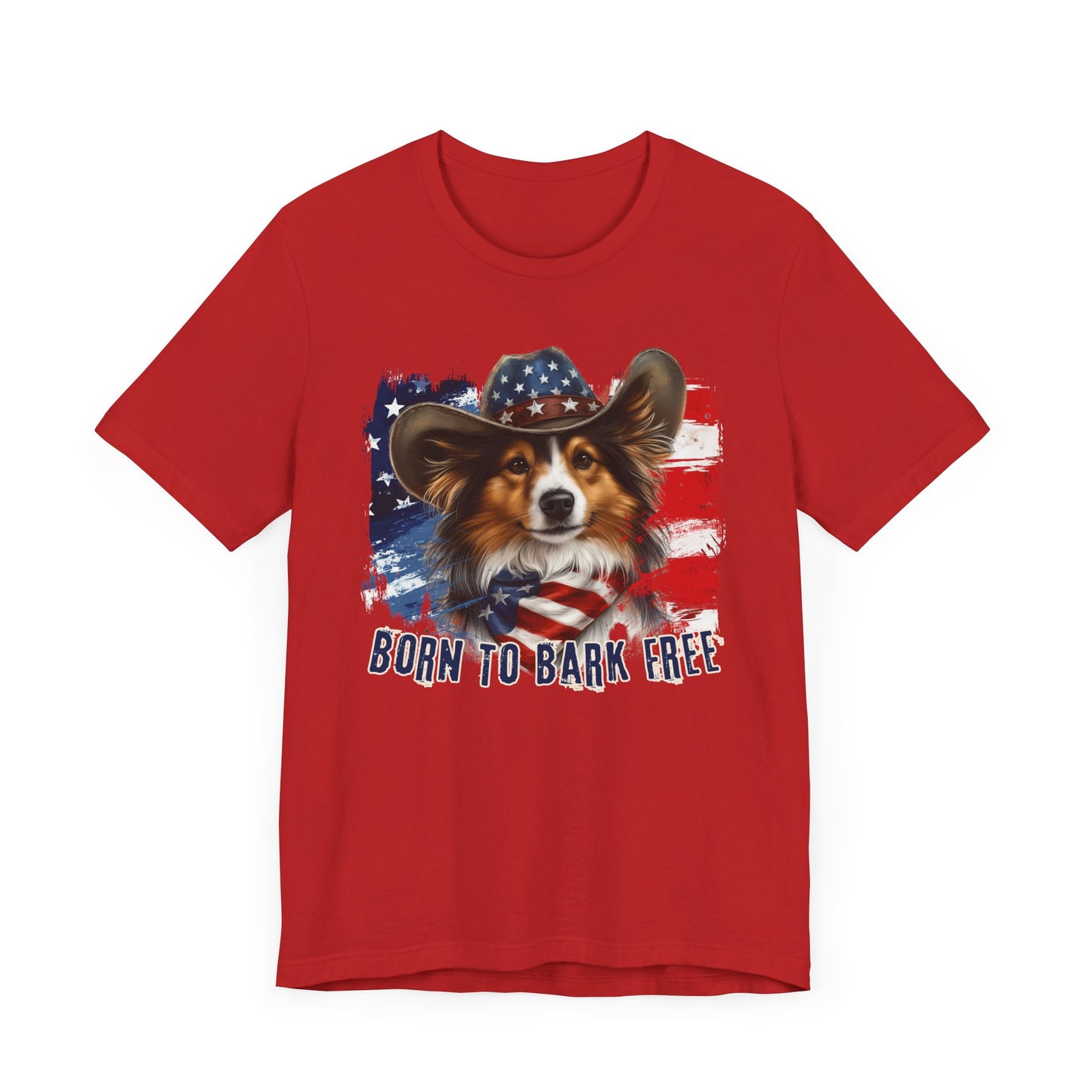 Sheltie Patriotic T-Shirt "Born to Bark Free" - Dog-Themed Patriotic Design
