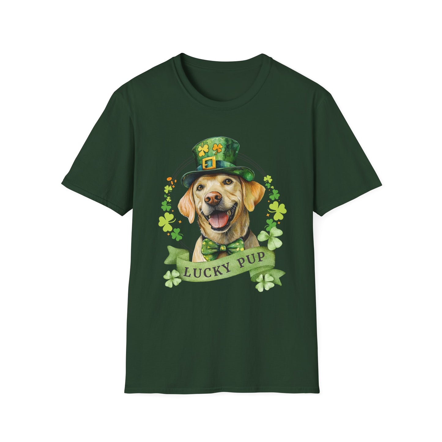 St. Patrick’s Day t-shirt featuring a yellow labrador retriever dog with a shamrock garland and festive Irish design forest green