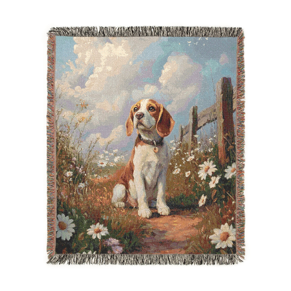 Beagle sitting along a countryside – Woven Blanket - Floral Dog Design for Home Comfort