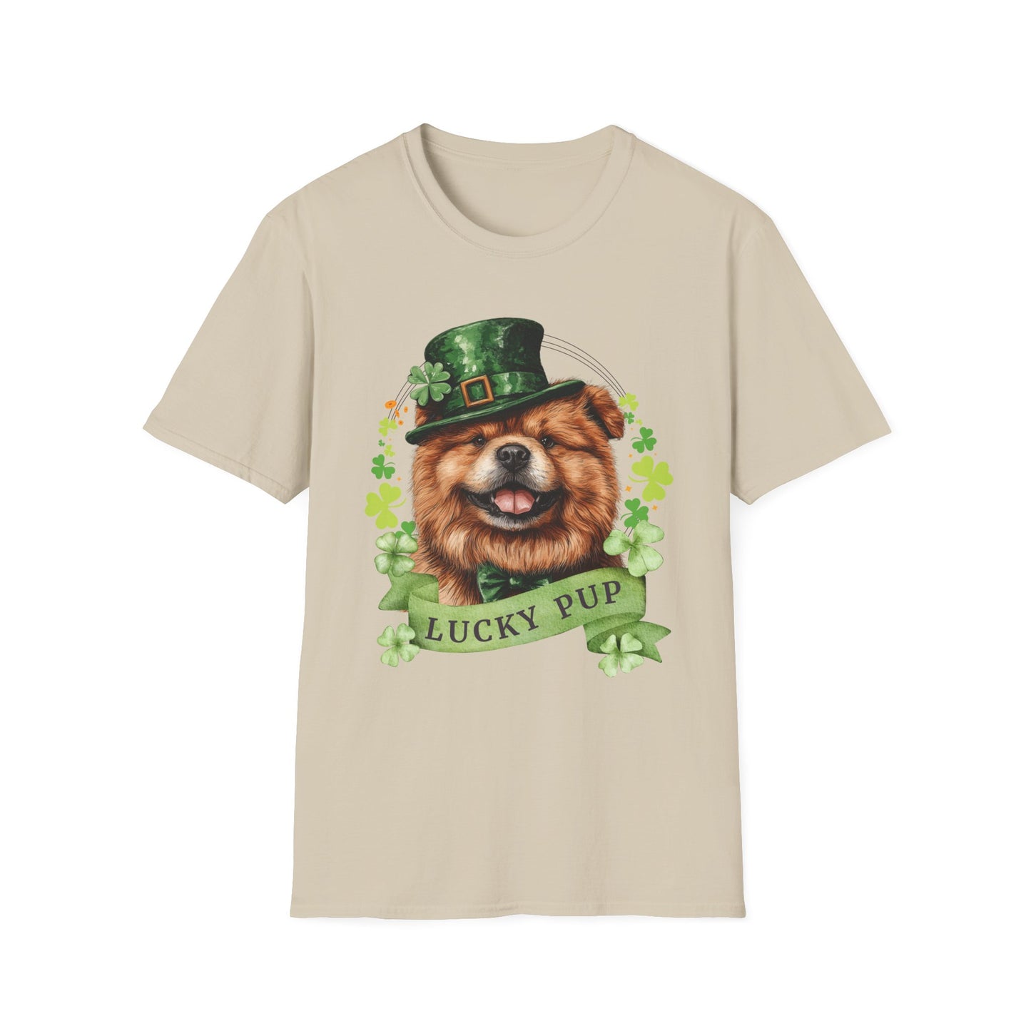 St. Patrick’s Day sand t-shirt gift for dog lovers featuring a Chow Chow dog with a shamrock garland and festive Irish design