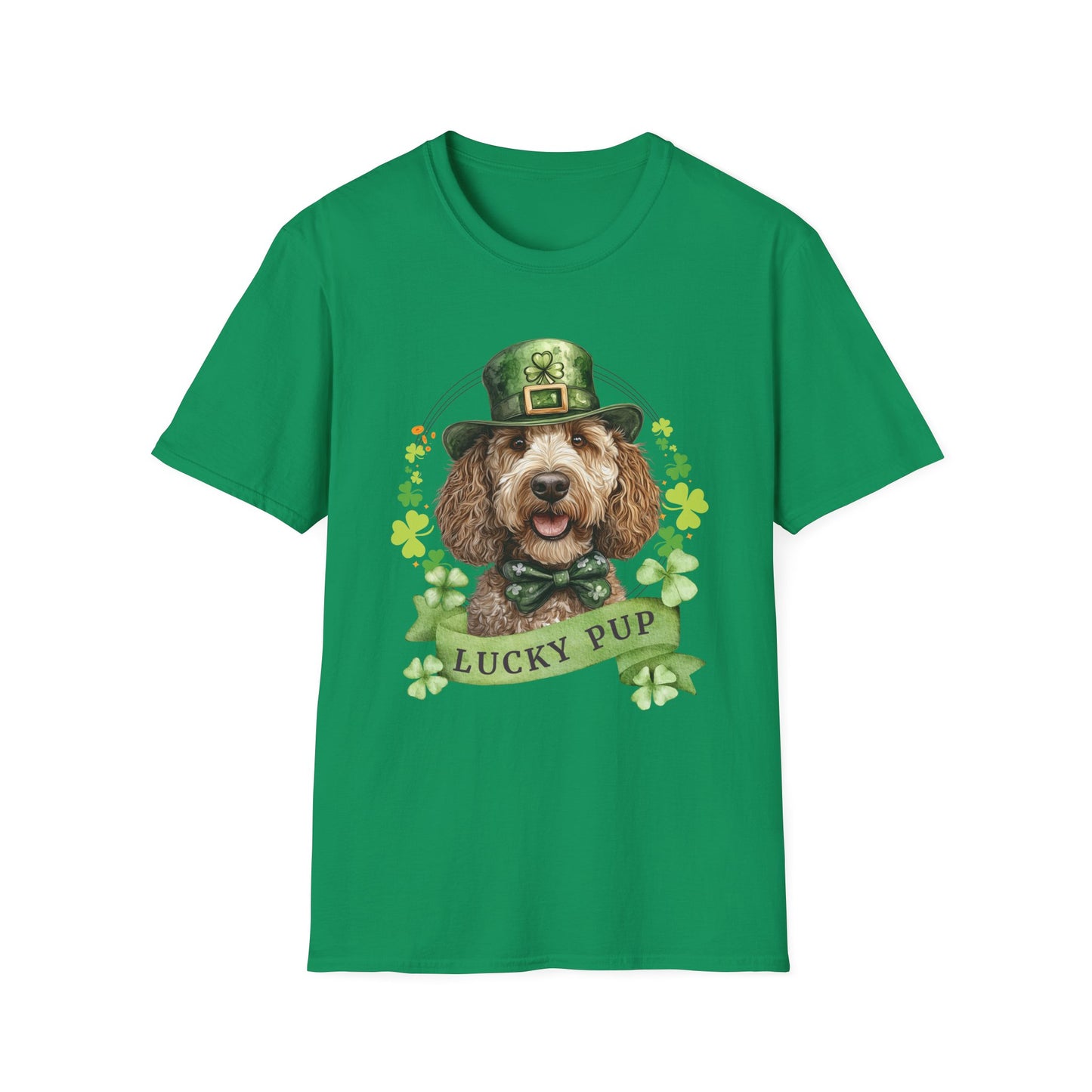 kelly green St. Patrick’s Day t-shirt featuring a labradoodle dog with a shamrock garland and festive Irish design