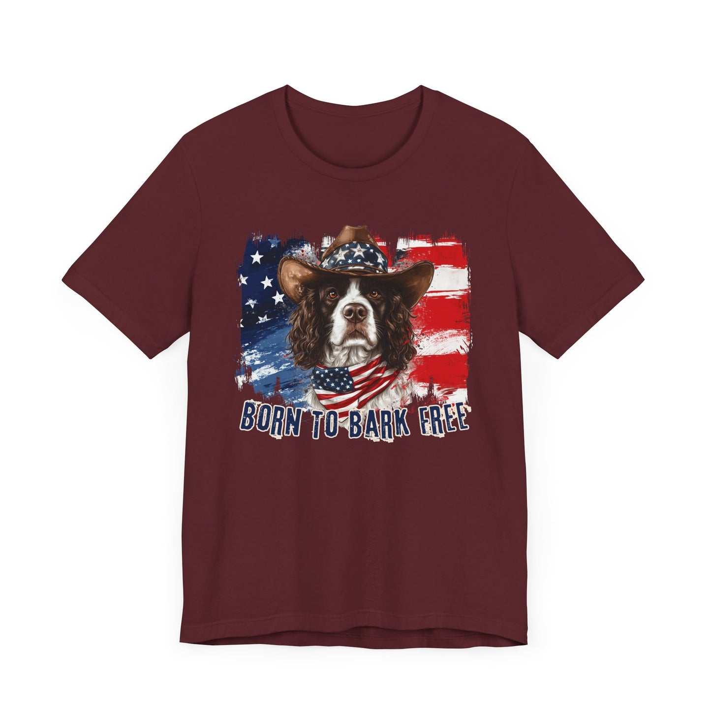 English Springer Spaniel Patriotic T-Shirt "Born to Bark Free" - Dog-Themed Patriotic Design
