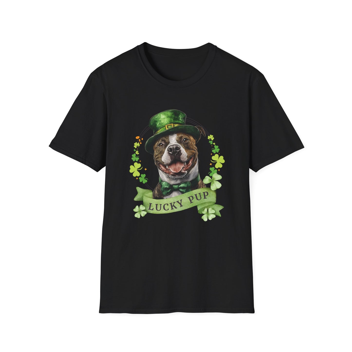 St. Patrick’s Day black t-shirt featuring a stafforshire bull terrier with a shamrock garland and festive Irish design