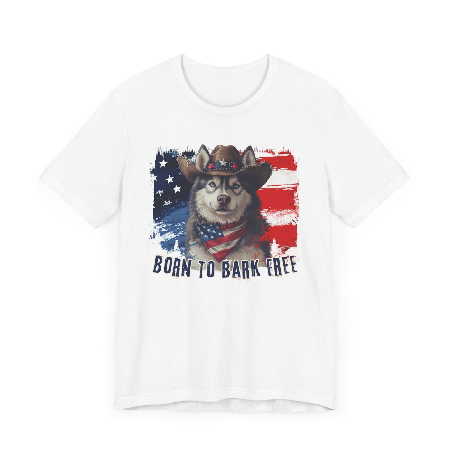 Siberian Husky Patriotic T-Shirt "Born to Bark Free" - Dog-Themed Patriotic Design