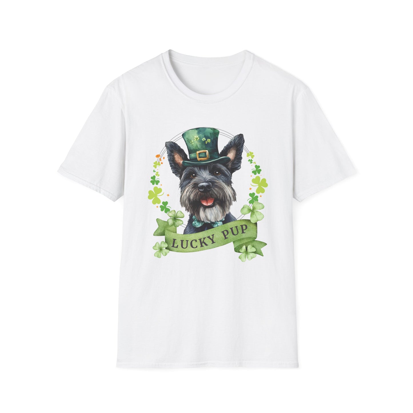 St. Patrick’s Day scottish terrier dog white t-shirt with a lucky shamrock print, great for dog lovers