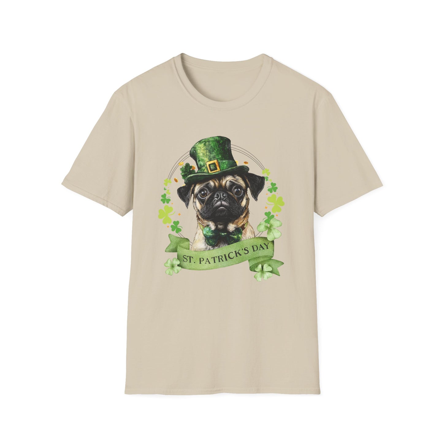 St. Patrick’s Day sand t-shirt featuring a pug dog with a shamrock garland and festive Irish design