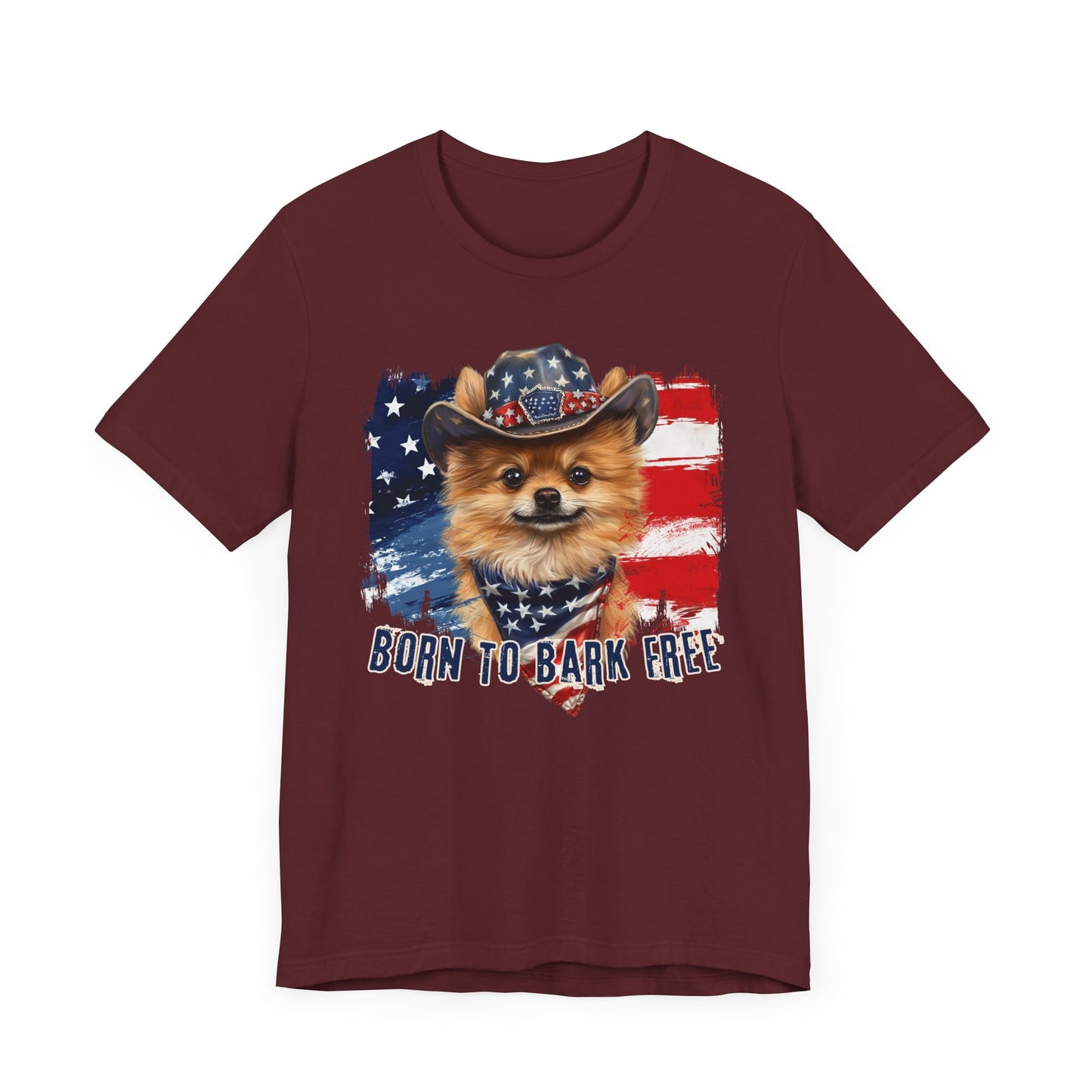 Pomeranian Patriotic T-Shirt "Born to Bark Free" - Dog-Themed Patriotic Design