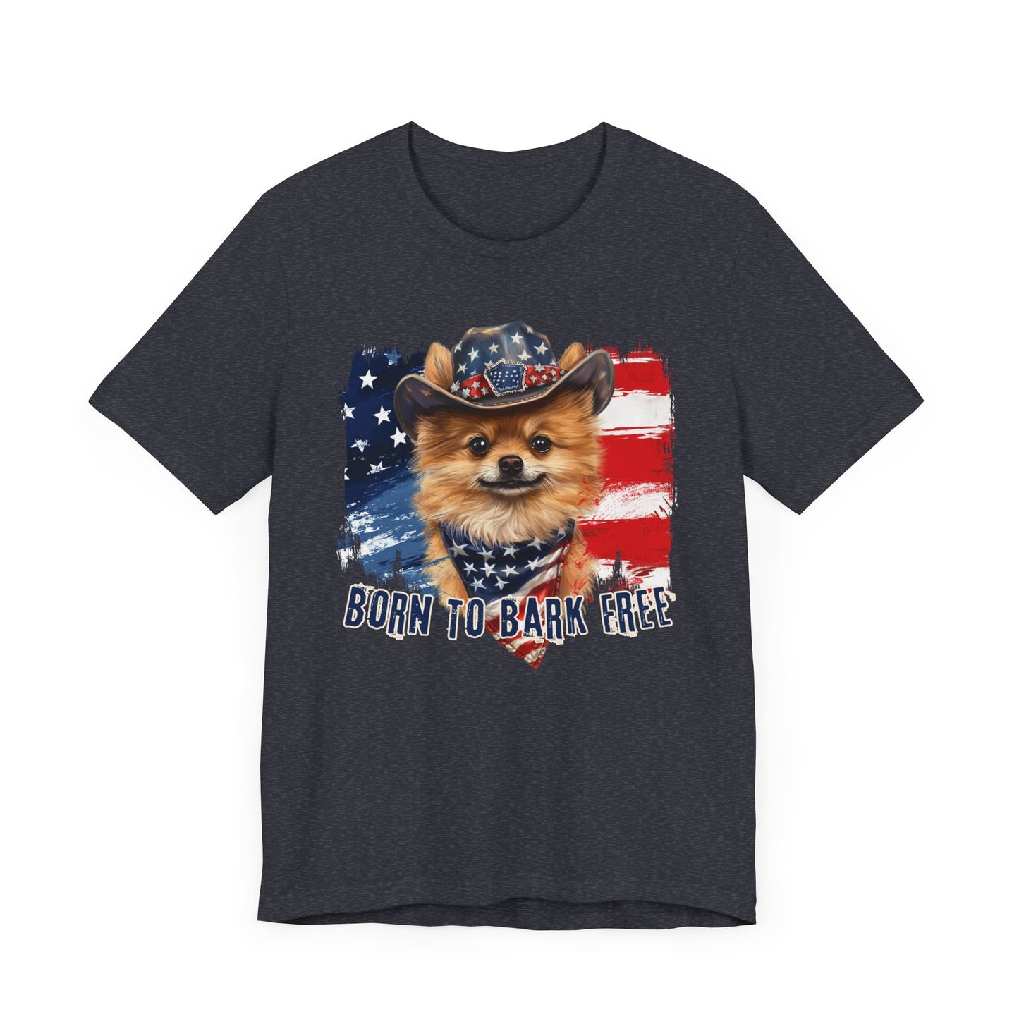 Pomeranian Patriotic T-Shirt "Born to Bark Free" - Dog-Themed Patriotic Design