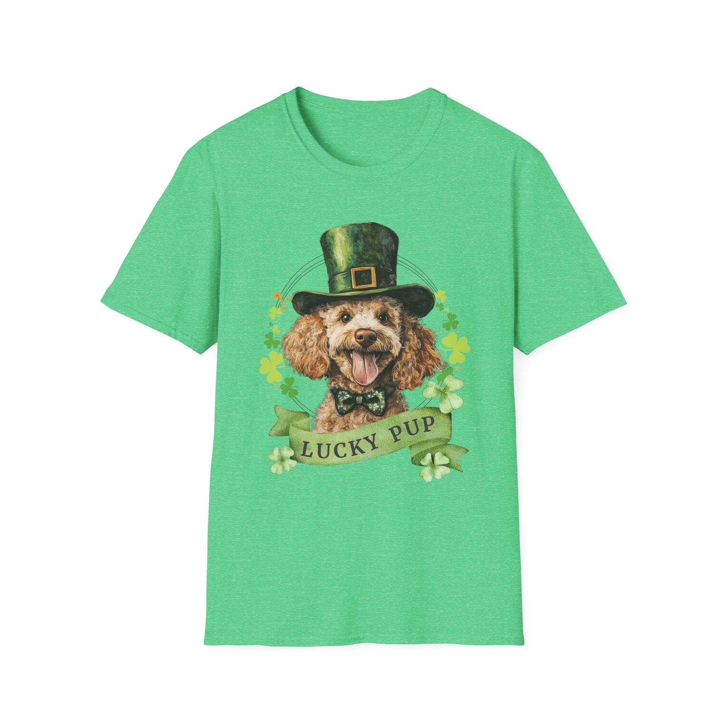 St. Patrick’s Day kelly green heather t-shirt featuring a Poodle dog with a shamrock garland and festive Irish design