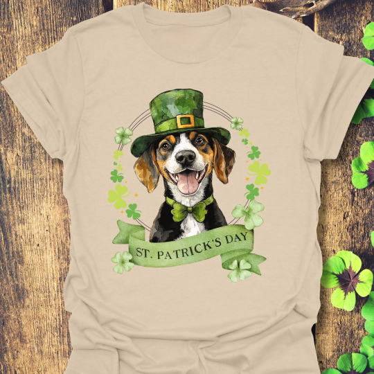 St. Patrick’s Day t-shirt featuring a Beagle dog with a shamrock garland and festive Irish design