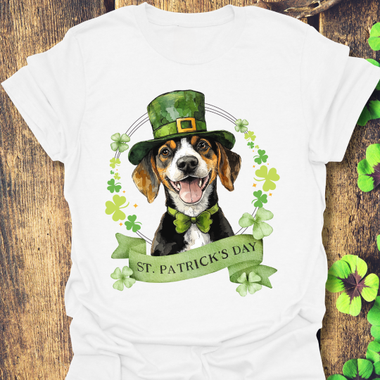St. Patrick’s Day t-shirt featuring a Beagle dog with a shamrock garland and festive Irish design