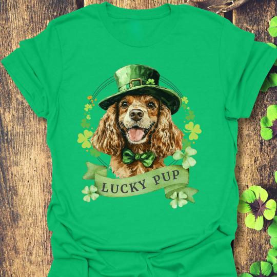 St. Patrick’s Day t-shirt featuring cocker spaniel dog with a shamrock garland and festive Irish design