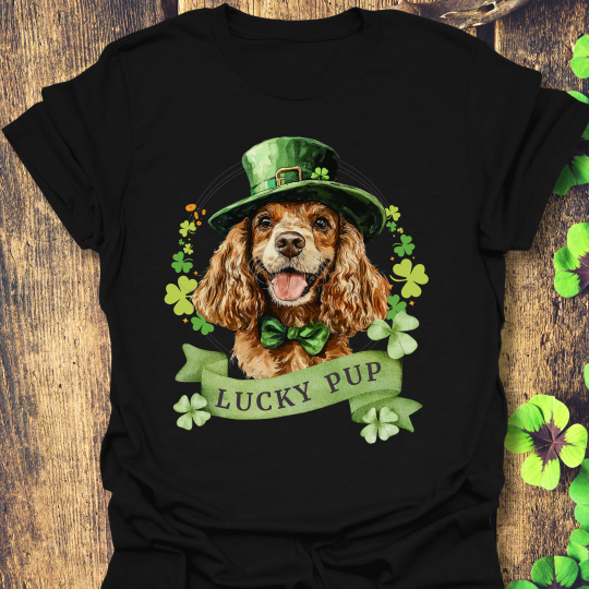St. Patrick’s Day t-shirt featuring cocker spaniel dog with a shamrock garland and festive Irish design