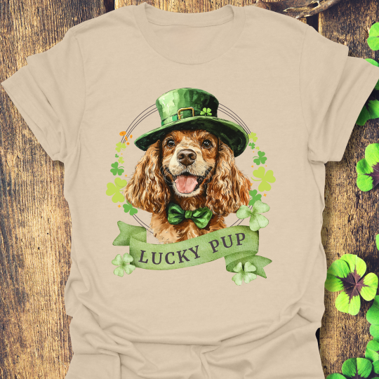 St. Patrick’s Day t-shirt featuring American cocker spaniel dog with a shamrock garland and festive Irish design