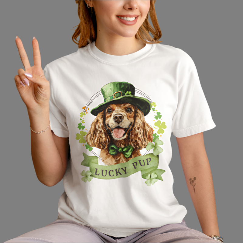 St. Patrick’s Day t-shirt featuring American cocker spaniel dog with a shamrock garland and festive Irish design