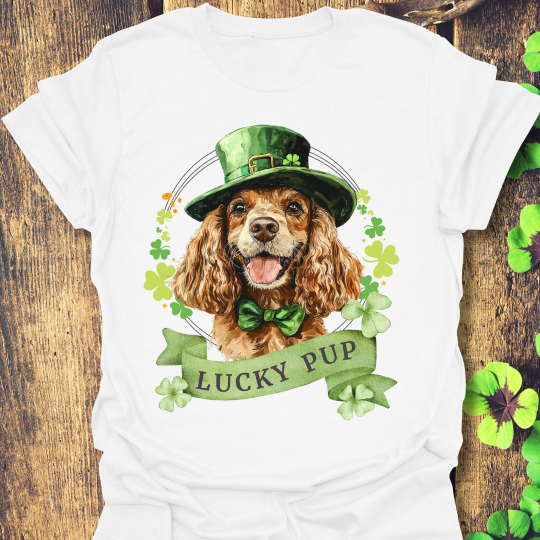 St. Patrick’s Day t-shirt featuring cocker spaniel dog with a shamrock garland and festive Irish design