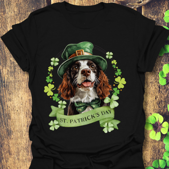 St. Patrick’s Day black color t-shirt featuring an English springer spaniel dog with a shamrock garland and festive Irish design