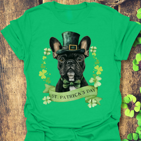 irish green St. Patrick’s Day t-shirt featuring French Bulldog with a shamrock garland and festive Irish design