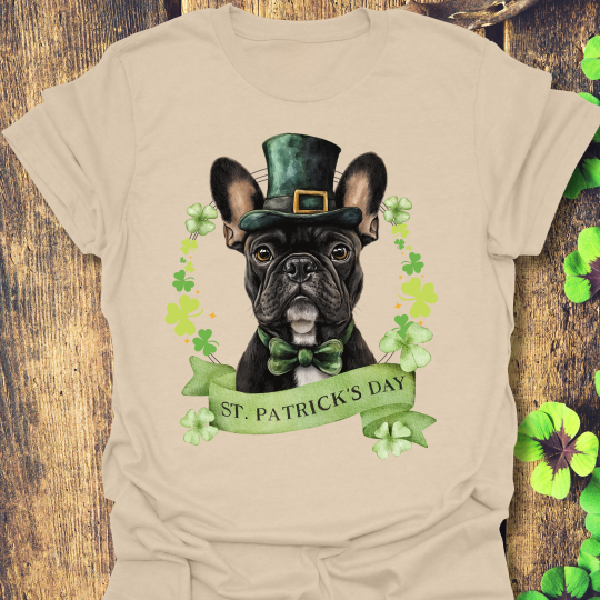 St. Patrick’s Day t-shirt featuring French Bulldog with a shamrock garland and festive Irish design