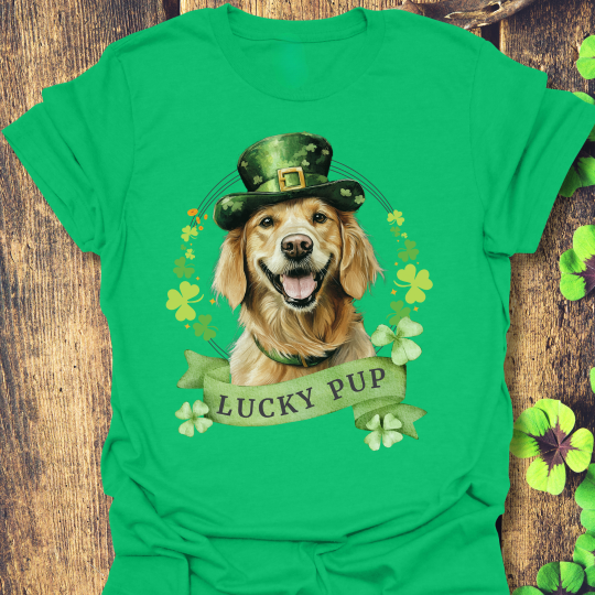 St. Patrick’s Day t-shirt featuring a golden retriever dog with a shamrock garland and festive Irish designan