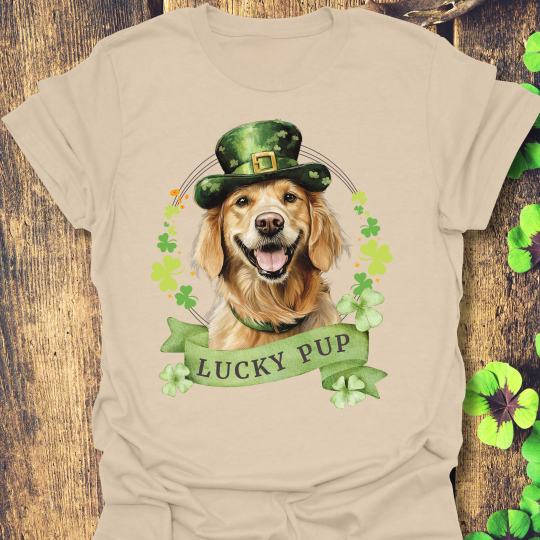 St. Patrick’s Day t-shirt featuring a golden retriever dog with a shamrock garland and festive Irish designan