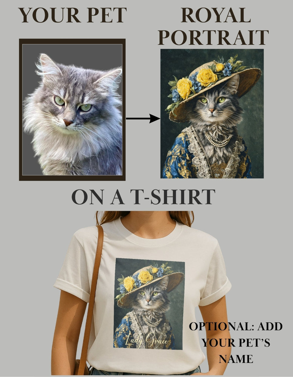 Cat with a royal portrait design on a t-shirt, with text indicating customization options.