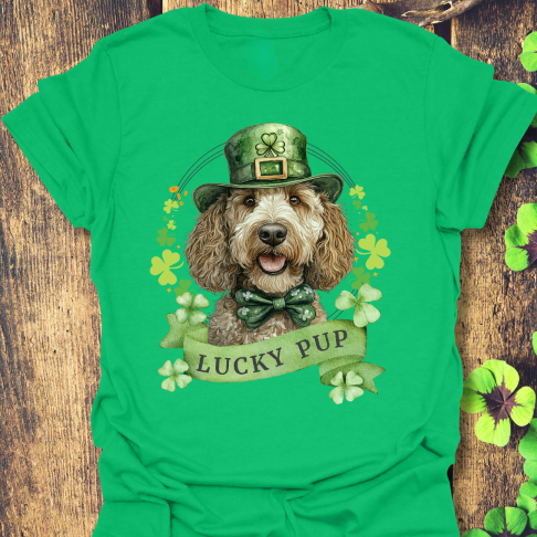 irish green St. Patrick’s Day t-shirt featuring a labradoodle dog with a shamrock garland and festive Irish design