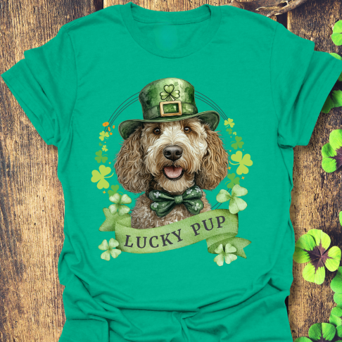 St. Patrick’s Day t-shirt featuring a labradoodle dog with a shamrock garland and festive Irish design