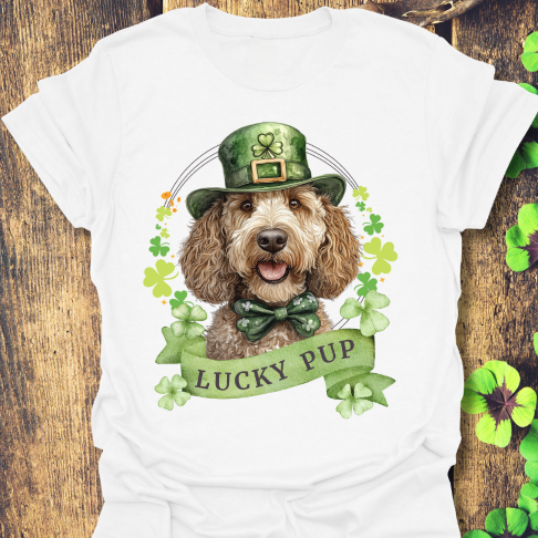 St. Patrick’s Day t-shirt featuring a labradoodle dog with a shamrock garland and festive Irish design