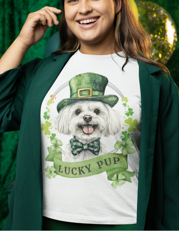 A Woman wearing a St. Patrick’s Day maltese dog t-shirt with a lucky shamrock print, great for dog lovers