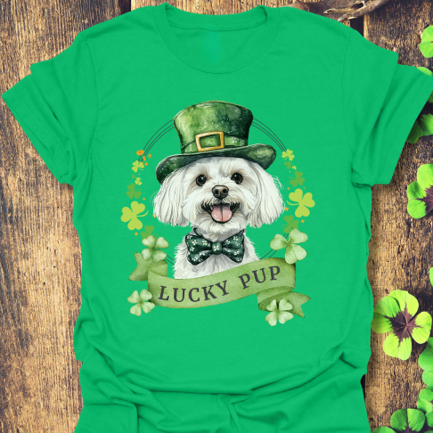 St. Patrick’s Day maltese dog irish green t-shirt with a lucky shamrock print, great for dog lovers