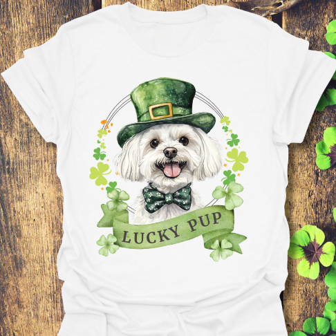 St. Patrick’s Day maltese dog white t-shirt with a lucky shamrock print, great for dog lovers
